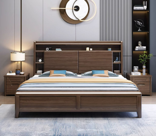 Modern solid wood storage bed in golden silk sandalwood.