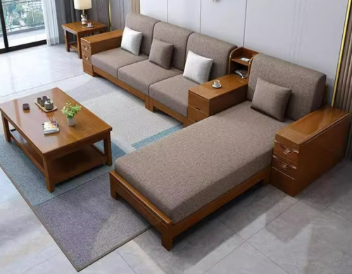 Chinese solid wood fabric sofa with plush cushions.