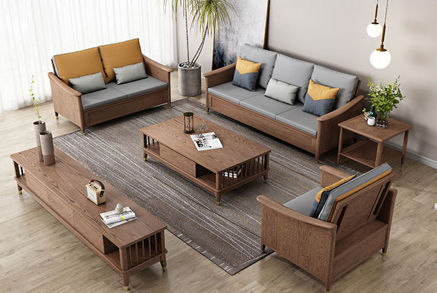 New Chinese solid wood sofa with plush cushions